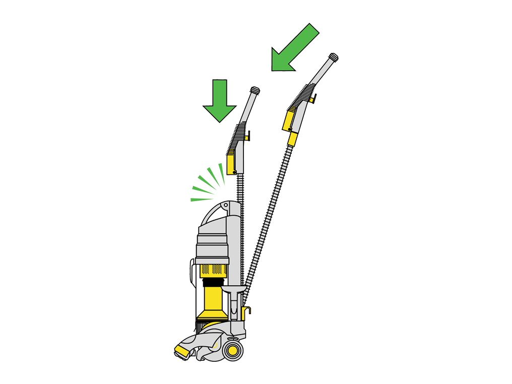 Empuñadura contraída y colocada de nuevo en la aspiradora vertical Dyson DC01.
